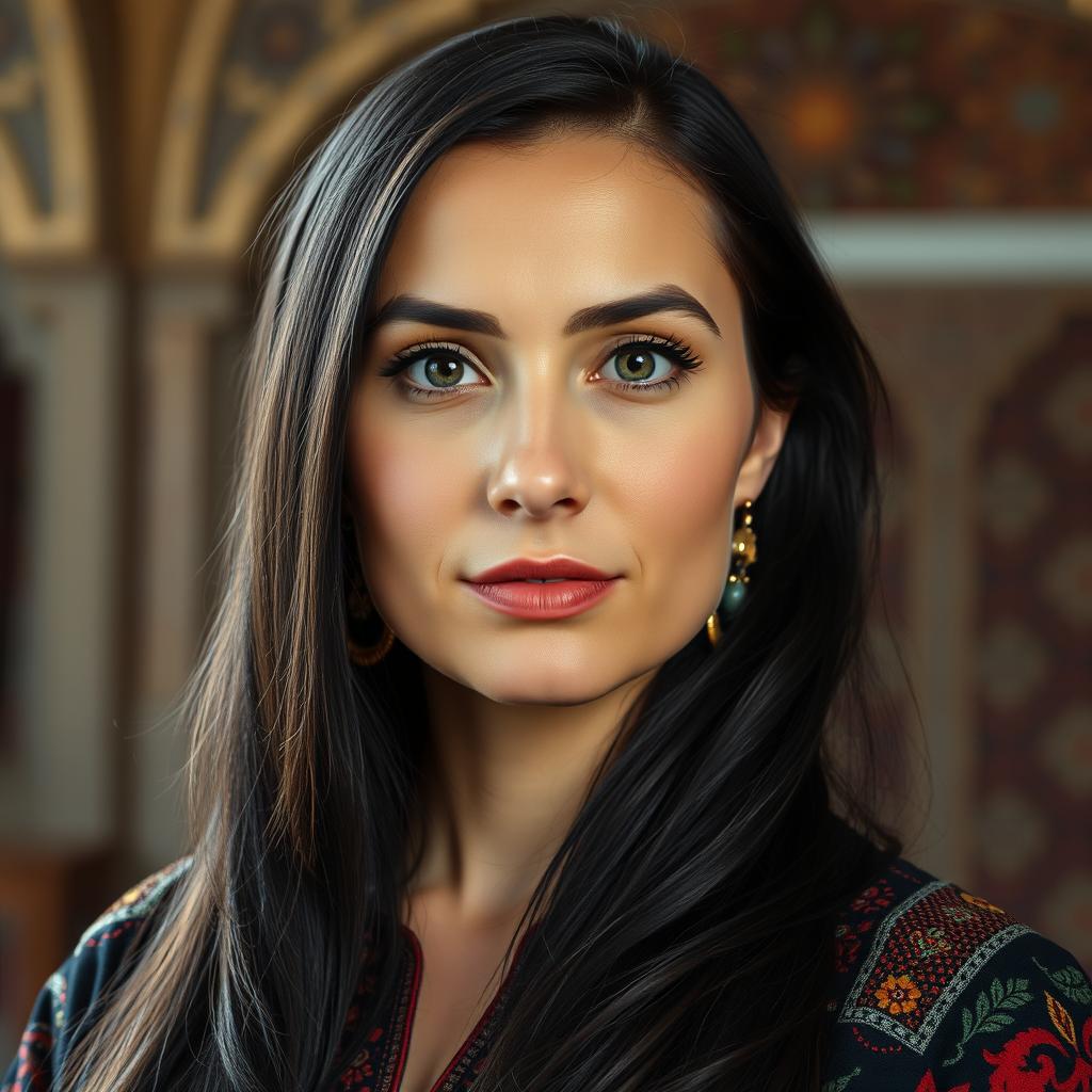 A portrait of an intelligent Uzbek woman with striking features, showcasing her intelligence through a confident expression