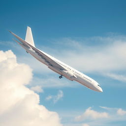 A large white airplane flying in the sky from a side view, showcasing the sleek and elegant design of the aircraft