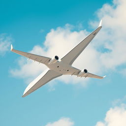 A large white airplane flying in the sky from a side view, showcasing the sleek and elegant design of the aircraft