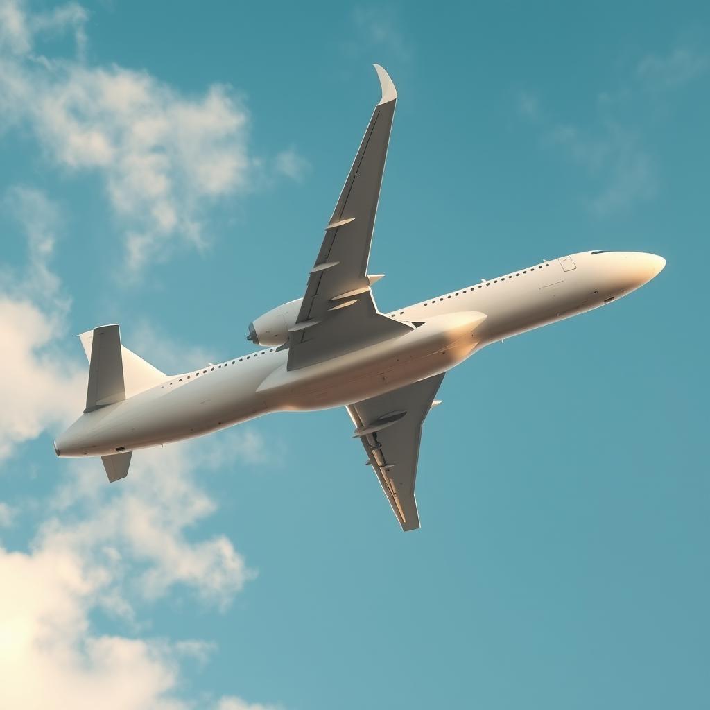 A large white airplane flying in the sky from a side view, showcasing the sleek and elegant design of the aircraft