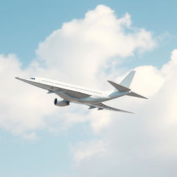 A large white airplane flying in the sky from a side view, showcasing the sleek and elegant design of the aircraft