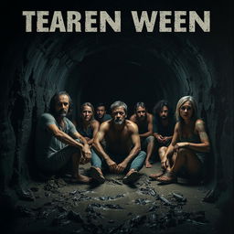 A dark, cinematic poster featuring people trapped inside a damp, muddy underground tunnel, evoking a sense of despair and fear