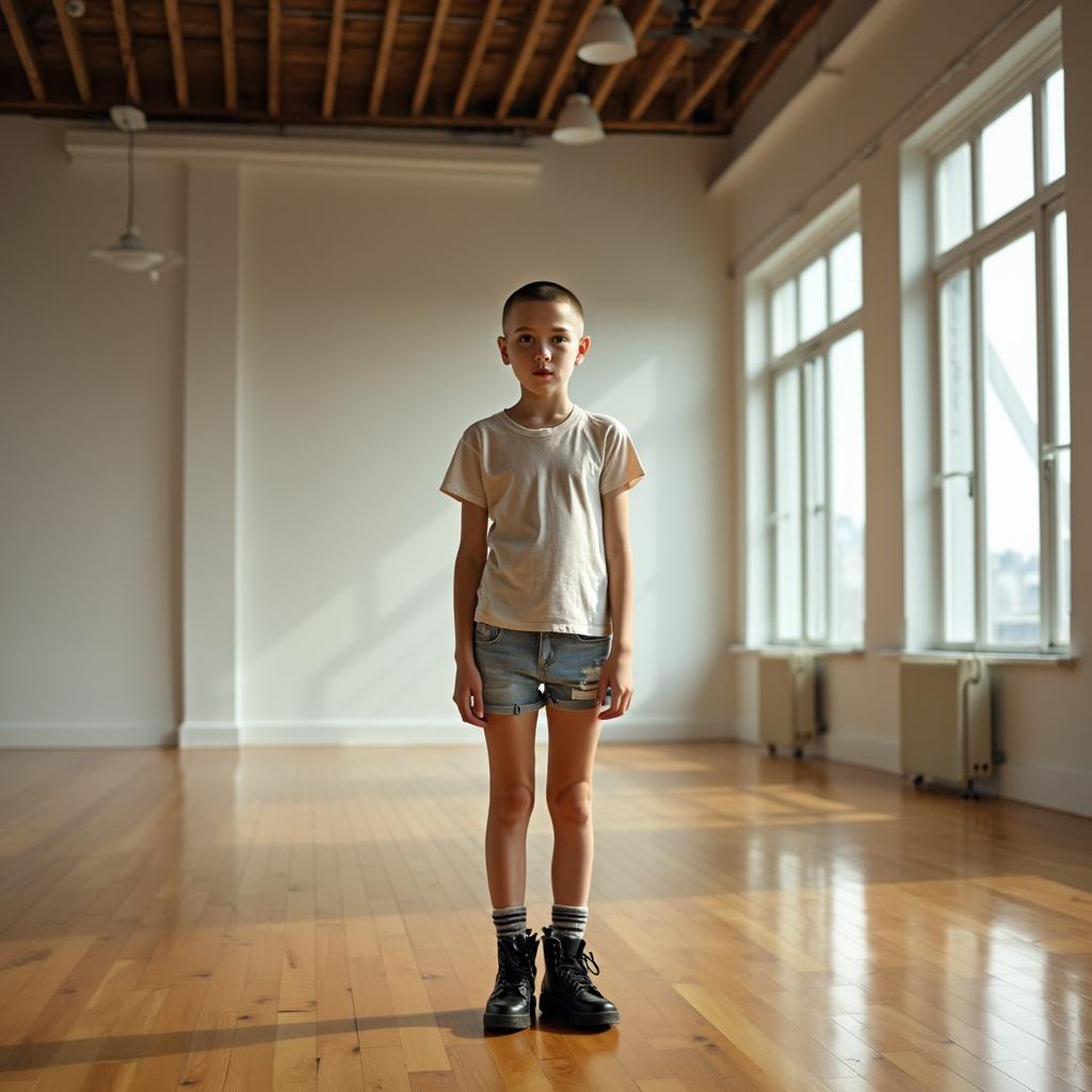 A teenage girl with a buzzcut hairstyle, standing confidently in the middle of a large, empty room
