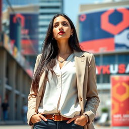 A modern Uzbek woman showcasing her intelligence and sophistication, dressed in stylish, contemporary clothing that reflects her cultural heritage