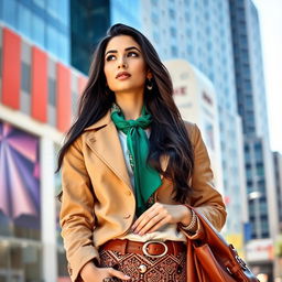 A modern Uzbek woman showcasing her intelligence and sophistication, dressed in stylish, contemporary clothing that reflects her cultural heritage