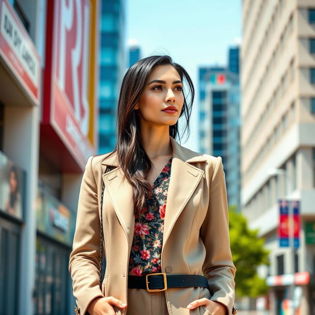A modern Uzbek woman showcasing her intelligence and sophistication, dressed in stylish, contemporary clothing that reflects her cultural heritage