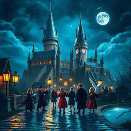 A magical scene set in the enchanting world of Harry Potter, featuring a grand castle with towering spires under a starry night sky