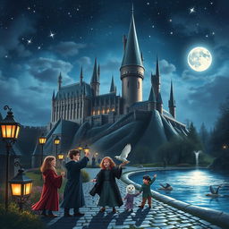 A magical scene set in the enchanting world of Harry Potter, featuring a grand castle with towering spires under a starry night sky