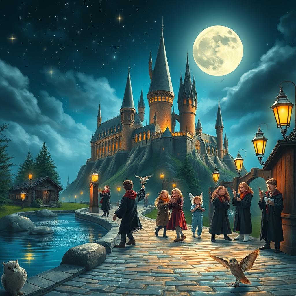 A magical scene set in the enchanting world of Harry Potter, featuring a grand castle with towering spires under a starry night sky
