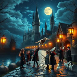 A magical scene set in the enchanting world of Harry Potter, featuring a grand castle with towering spires under a starry night sky