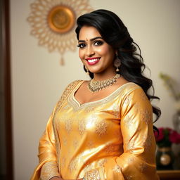 A beautiful Indian woman with a curvy figure, wearing an exquisite golden salwar suit that shimmers in the light, featuring intricate patterns and elegant embroidery