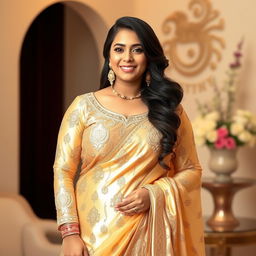 A beautiful Indian woman with a curvy figure, wearing an exquisite golden salwar suit that shimmers in the light, featuring intricate patterns and elegant embroidery