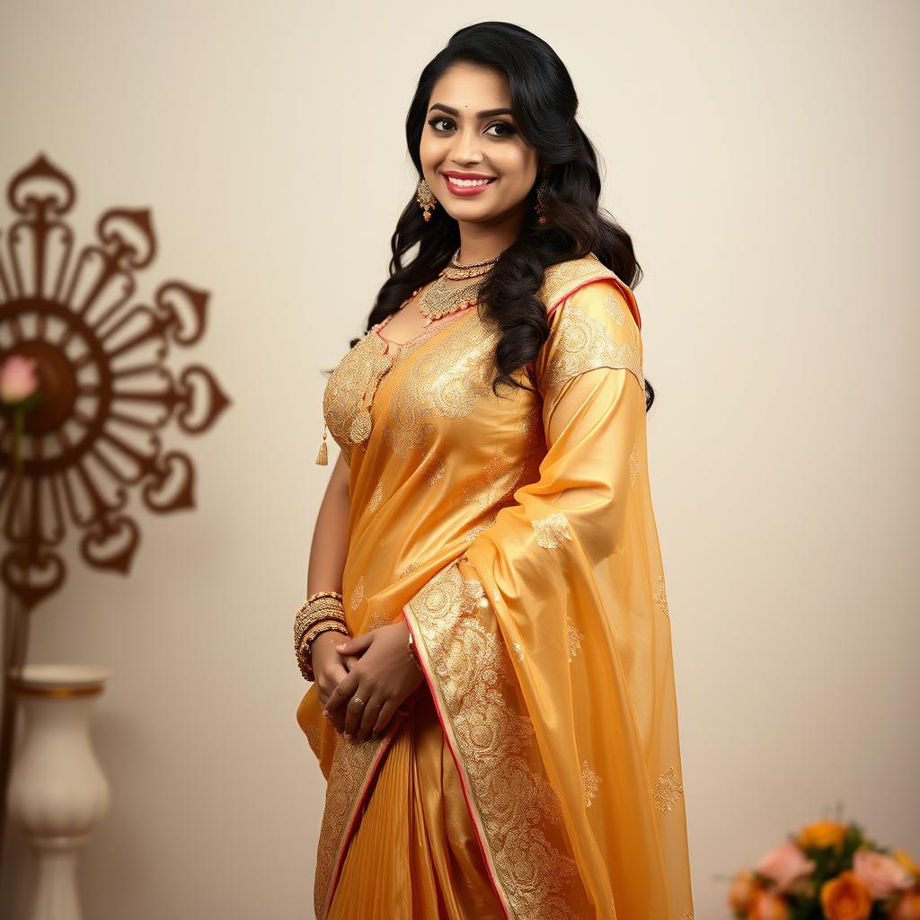 A beautiful Indian woman with a curvy figure, wearing an exquisite golden salwar suit that shimmers in the light, featuring intricate patterns and elegant embroidery