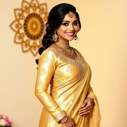 A beautiful Indian woman with a curvy figure, wearing an exquisite golden salwar suit that shimmers in the light, featuring intricate patterns and elegant embroidery