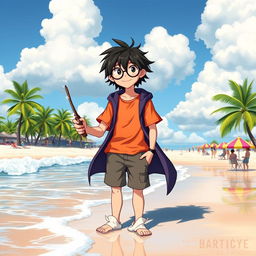 A wizard inspired by the Harry Potter universe, standing on a sunny beach