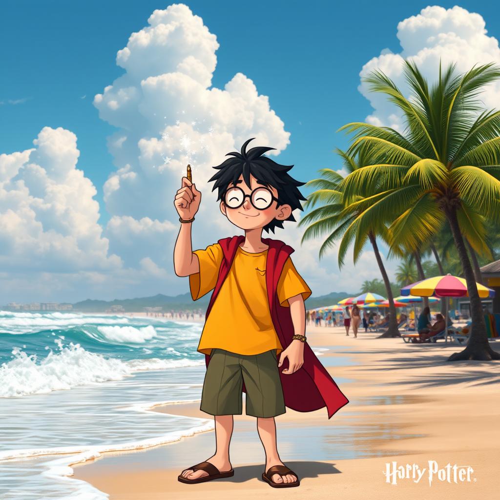 A wizard inspired by the Harry Potter universe, standing on a sunny beach