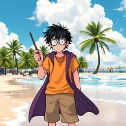 A wizard inspired by the Harry Potter universe, standing on a sunny beach