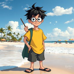A wizard inspired by the Harry Potter universe, standing on a sunny beach