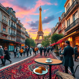 A vibrant depiction of a bustling street scene where elements of Tehran blend seamlessly with those of Paris