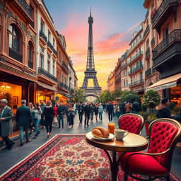 A vibrant depiction of a bustling street scene where elements of Tehran blend seamlessly with those of Paris