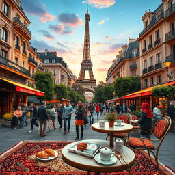 A vibrant depiction of a bustling street scene where elements of Tehran blend seamlessly with those of Paris