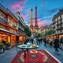 A vibrant depiction of a bustling street scene where elements of Tehran blend seamlessly with those of Paris