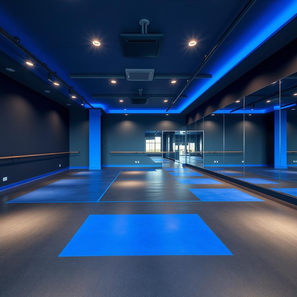 A spacious gym studio designed for group classes, showcasing a color palette of dark gray and royal blue