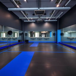 A spacious gym studio designed for group classes, showcasing a color palette of dark gray and royal blue