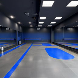 A spacious gym studio designed for group classes, showcasing a color palette of dark gray and royal blue