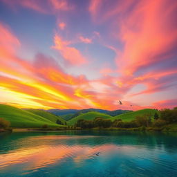A serene landscape with lush green hills under a vibrant sunset, showcasing beautiful shades of orange, pink, and purple in the sky