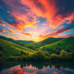 A serene landscape with lush green hills under a vibrant sunset, showcasing beautiful shades of orange, pink, and purple in the sky