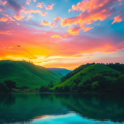 A serene landscape with lush green hills under a vibrant sunset, showcasing beautiful shades of orange, pink, and purple in the sky