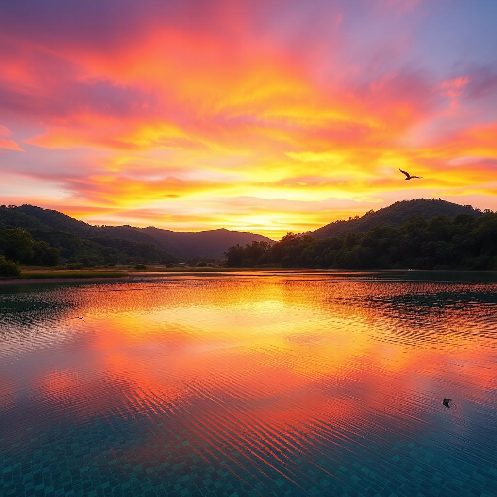 A serene landscape with lush green hills under a vibrant sunset, showcasing beautiful shades of orange, pink, and purple in the sky