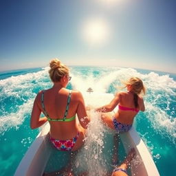 A whimsical scene featuring women in colorful small bikinis swimming in the water behind a boat, viewed from behind