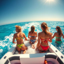 A whimsical scene featuring women in colorful small bikinis swimming in the water behind a boat, viewed from behind