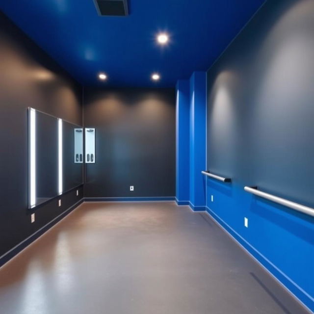 A cozy small gym studio designed for group classes, featuring a color palette of dark gray and royal blue