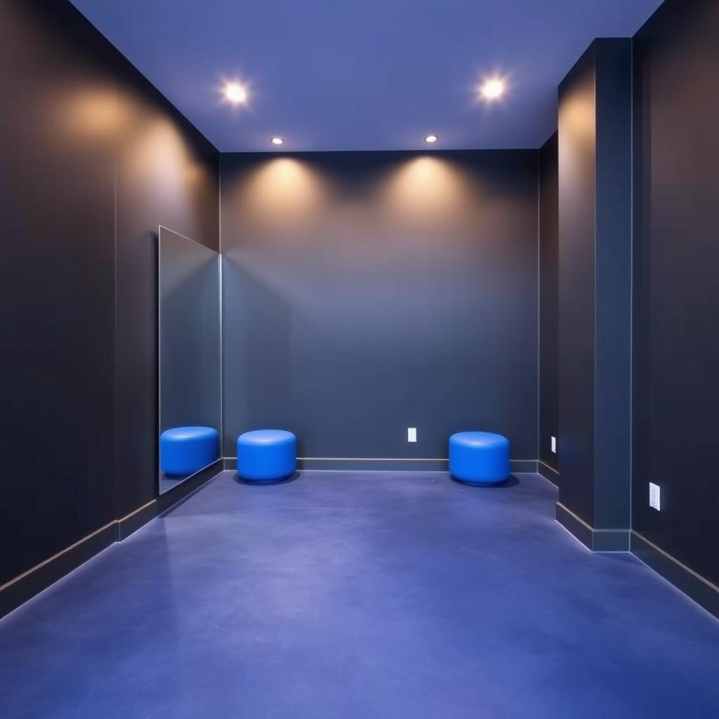A cozy small gym studio designed for group classes, featuring a color palette of dark gray and royal blue