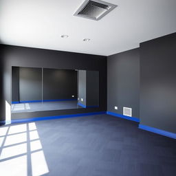 A cozy small gym studio designed for group classes, featuring a color palette of dark gray and royal blue