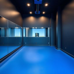 A cozy small gym studio designed for group classes, featuring a color palette of dark gray and royal blue