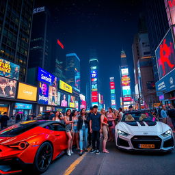 A breathtaking night cityscape featuring a vibrant and bustling city filled with neon lights, towering skyscrapers, and a starry sky