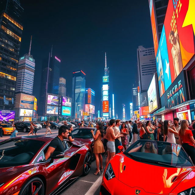 A breathtaking night cityscape featuring a vibrant and bustling city filled with neon lights, towering skyscrapers, and a starry sky