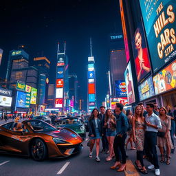 A breathtaking night cityscape featuring a vibrant and bustling city filled with neon lights, towering skyscrapers, and a starry sky