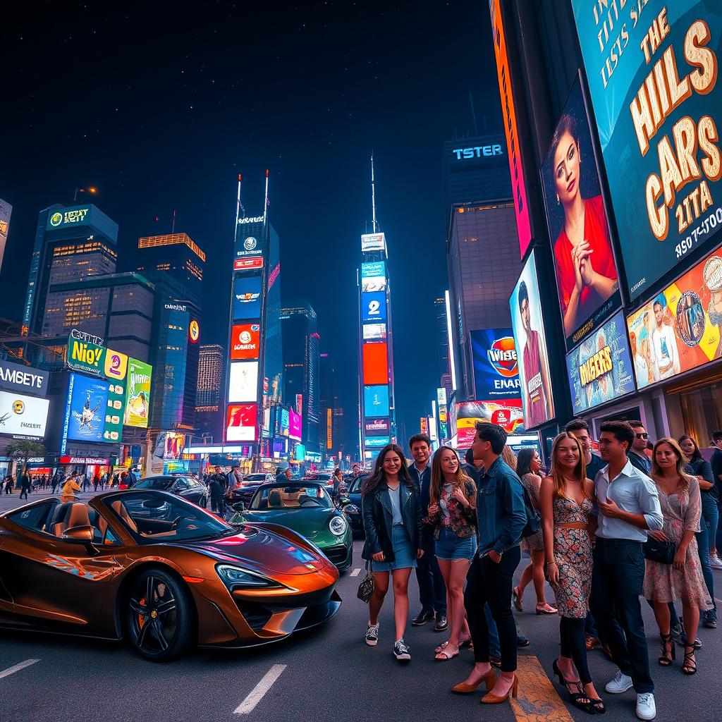A breathtaking night cityscape featuring a vibrant and bustling city filled with neon lights, towering skyscrapers, and a starry sky