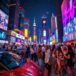 A breathtaking night cityscape featuring a vibrant and bustling city filled with neon lights, towering skyscrapers, and a starry sky