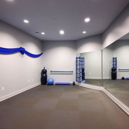 A small gym studio designed for group classes, featuring a color palette of gray and royal blue