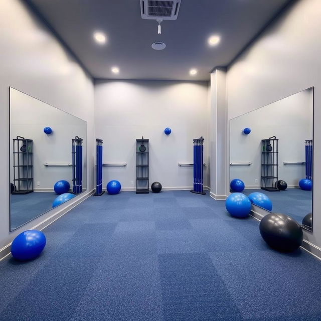 A small gym studio designed for group classes, featuring a color palette of gray and royal blue