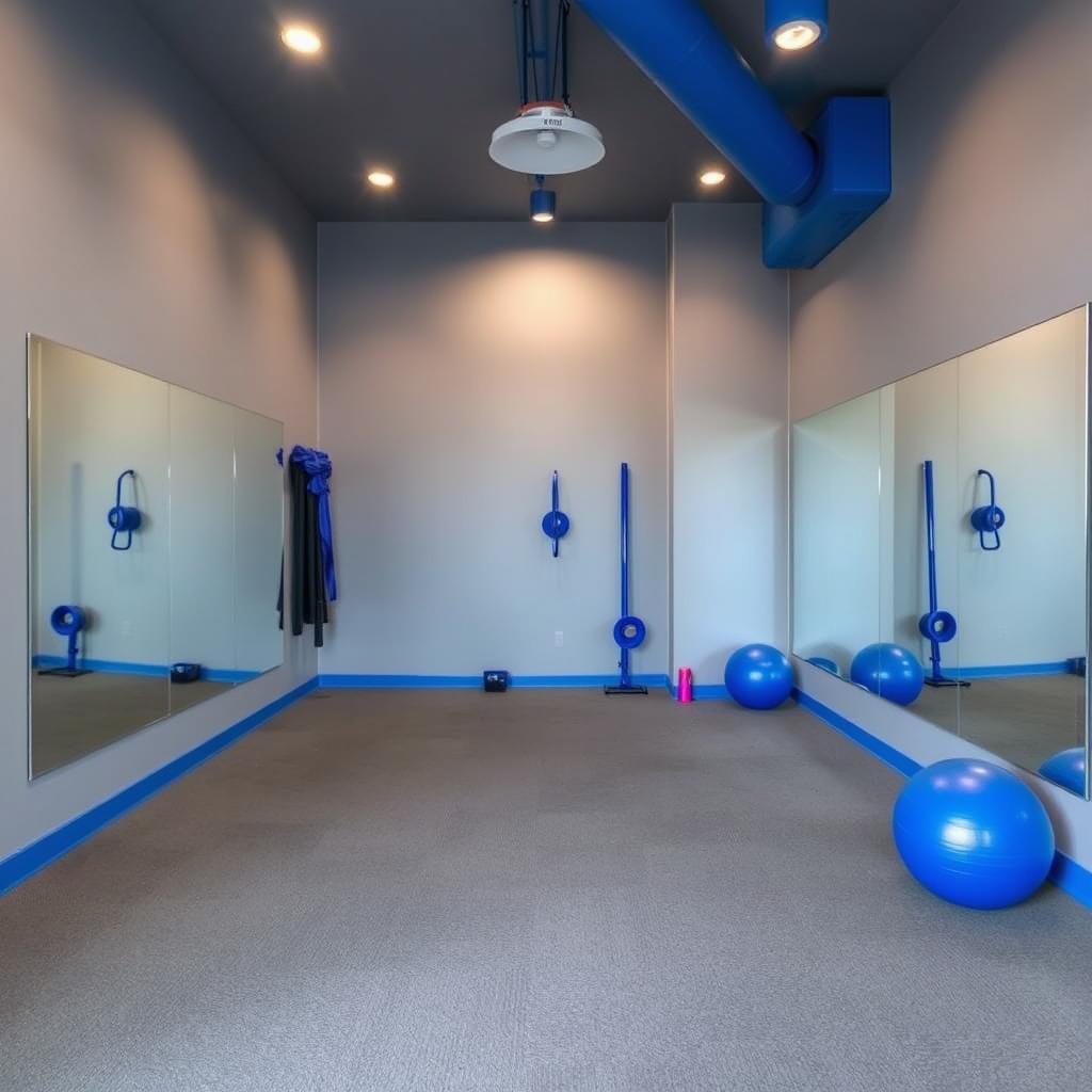 A small gym studio designed for group classes, featuring a color palette of gray and royal blue