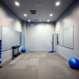 A small gym studio designed for group classes, featuring a color palette of gray and royal blue