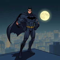 A stylized illustration of a muscular superhero in a sleek dark costume, with a bat emblem on the chest, standing heroically on a Gotham City rooftop at night