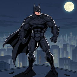 A stylized illustration of a muscular superhero in a sleek dark costume, with a bat emblem on the chest, standing heroically on a Gotham City rooftop at night